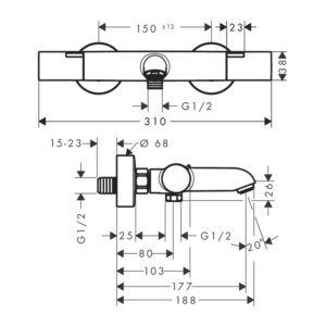 hansgrohe Ecostat Fine 明管恆溫浴缸龍頭 原廠尺寸圖