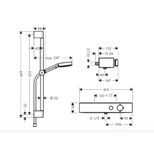 德國 hansgrohe Pulsify Select S 105 鉻色 恆溫淋浴組 24260000 尺寸圖