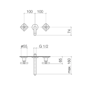 德國 Dornbracht TARA 霧面黑壁掛式三孔面盆龍頭 十字把手 160 mm 36707892-33