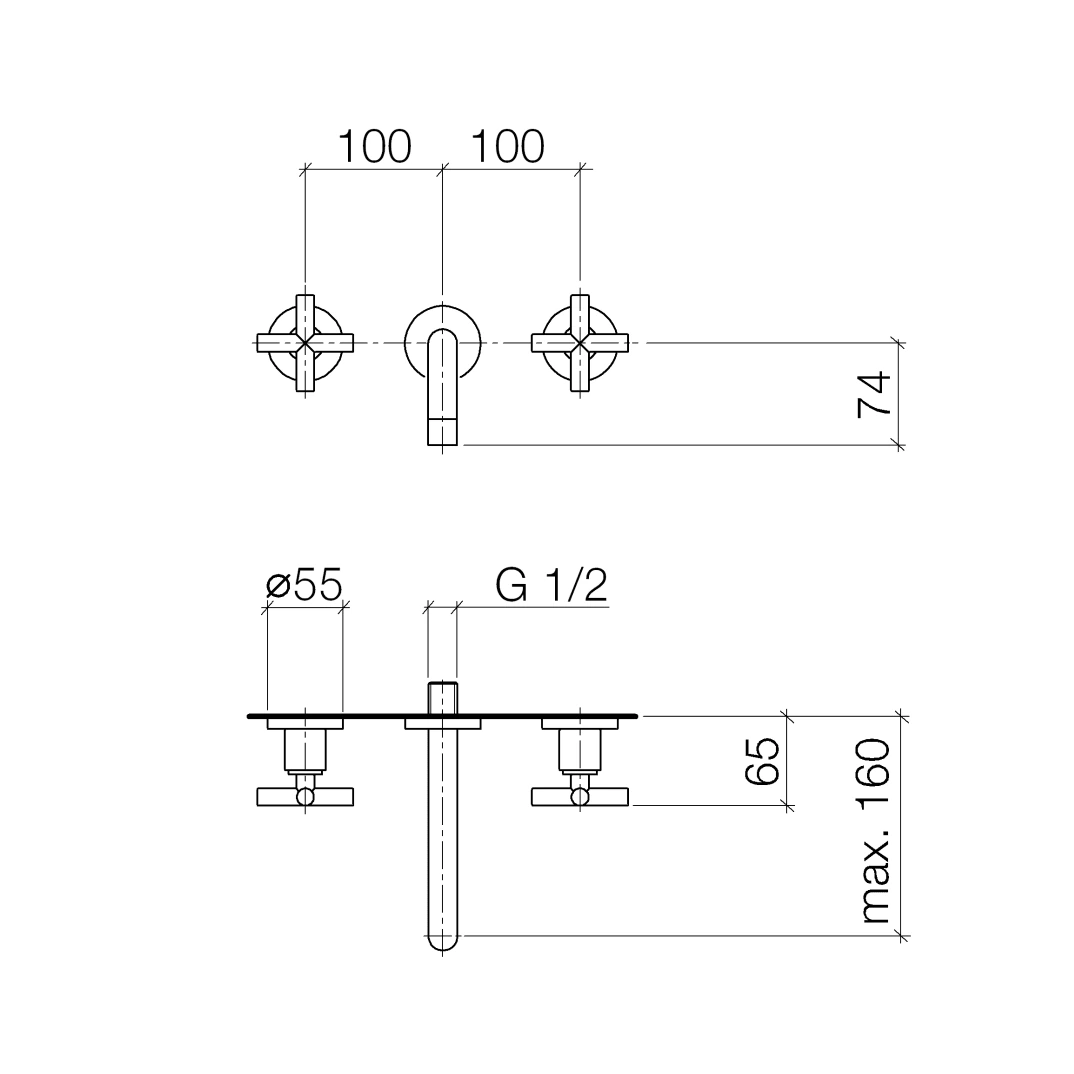 德國 Dornbracht TARA 霧面黑壁掛式三孔面盆龍頭 十字把手 160 mm 36707892-33