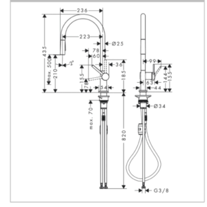 德國 hansgrohe Talis M54 霧面黑 抽拉花灑廚房龍頭 210 雙出水 72800670 尺寸圖