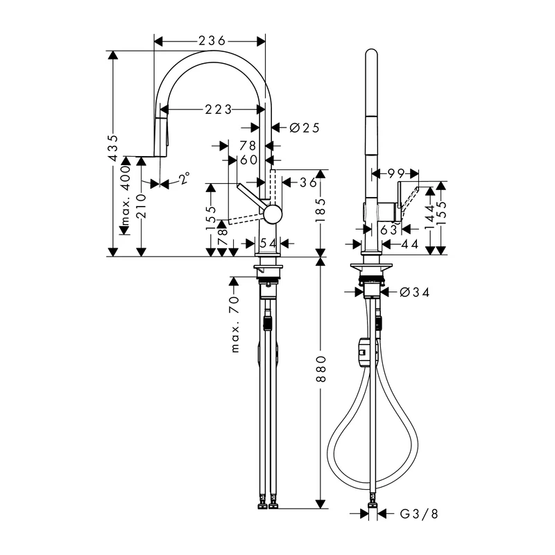 hansgrohe Talis M54 抽拉式廚房龍頭 210 原廠尺寸圖 hansgrohe Talis M54 抽拉式廚房龍頭 210 原廠尺寸圖