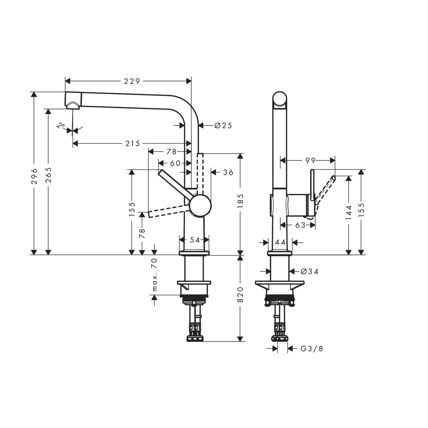 hansgrohe Talis M54 拉絲黑鉻 廚房龍頭 270 單出水 72840340 尺寸圖