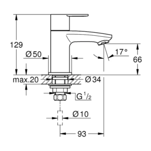 GROHE Eurostyle Cosmopolitan 立式單孔龍頭 XS-Size 23039｜原廠尺寸圖