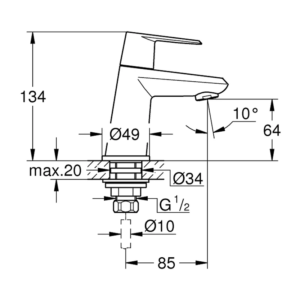 GROHE Eurodisc Cosmopolitan 立式單孔龍頭 XS-Size 23051｜原廠尺寸圖