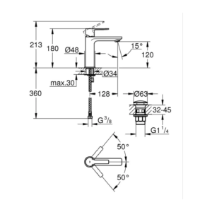 GROHE Lineare 面盆龍頭 S-Size 按壓式落水頭 23106｜原廠尺寸圖