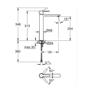 GROHE Lineare 加高型單槍面盆龍頭 23405｜原廠尺寸圖