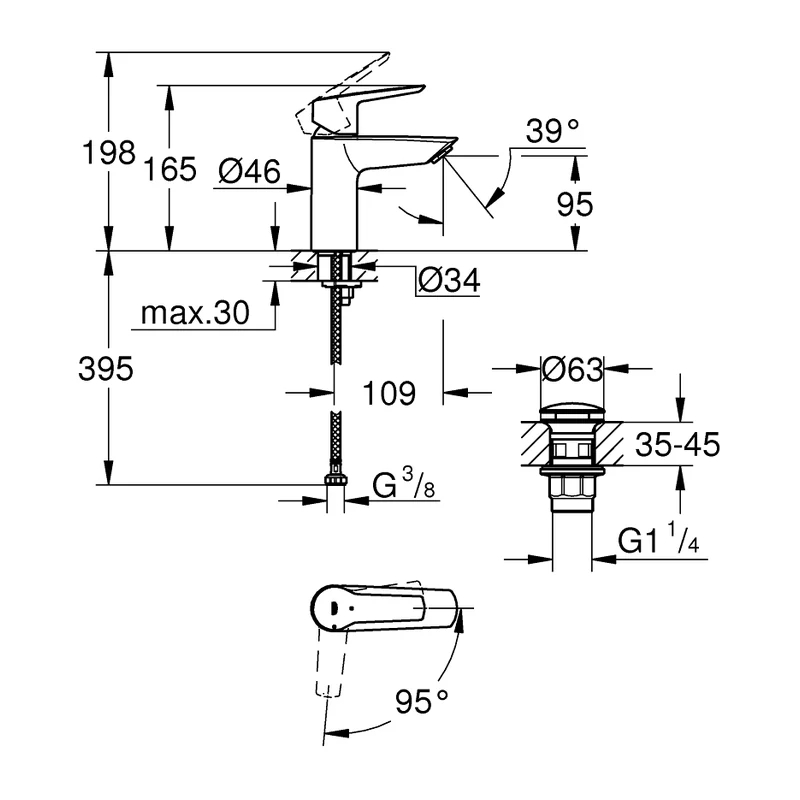 23551 原廠尺寸圖 GROHE Start 面盆龍頭 S-Size 按壓式落水頭 23551|原廠尺寸圖