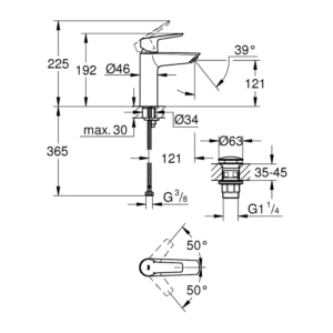 GROHE Start 面盆龍頭 M-Size 按壓式落水頭 23575｜原廠尺寸圖