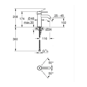 GROHE Essence 面盆龍頭 S-Size 23590｜原廠尺寸圖