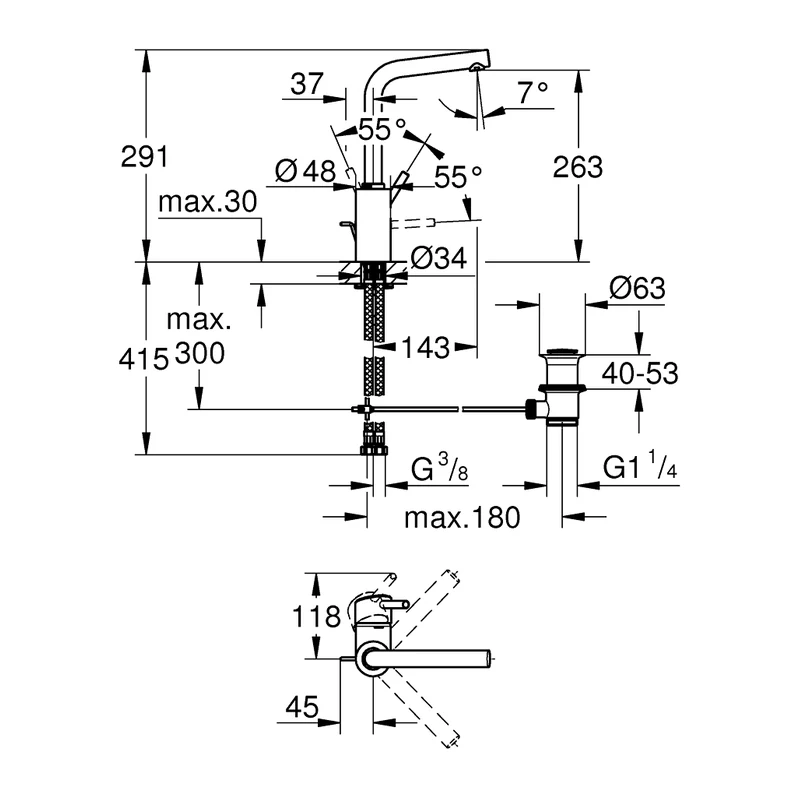 23739 原廠尺寸圖 GROHE Concetto 單槍面盆龍頭 L-Size 360° 迴轉 23739|原廠尺寸圖