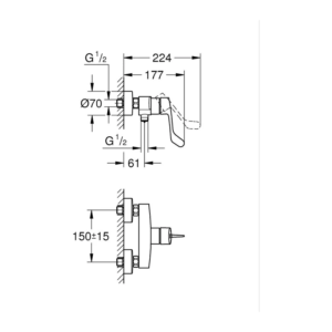 GROHE Eurosmart 加長把手單槍淋浴龍頭 25244｜原廠尺寸圖