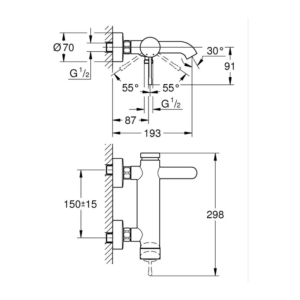 GROHE Essence 單槍浴缸淋浴龍頭 25250｜原廠尺寸圖