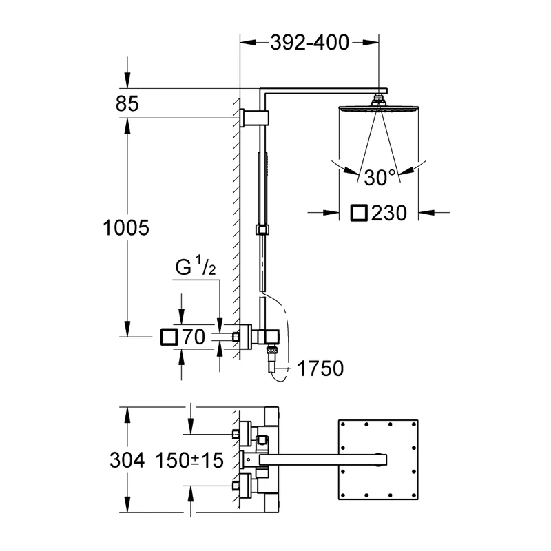26087 原廠尺寸圖 GROHE Euphoria Cube System 230 恆溫淋浴柱 26087|原廠尺寸圖