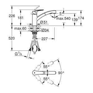 GROHE Eurosmart 抽拉式廚房龍頭 30305｜原廠尺寸圖
