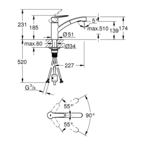 GROHE Start 低出水口抽拉式廚房龍頭 30531｜原廠尺寸圖