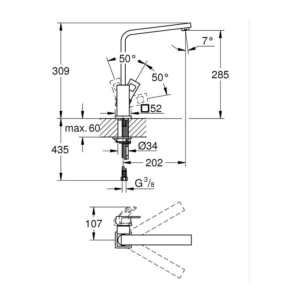 GROHE Eurocube 單槍廚房龍頭 31255｜原廠尺寸圖