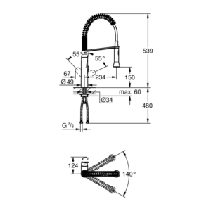 GROHE K7 專業型彈簧廚房龍頭 31379｜原廠尺寸圖