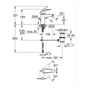 GROHE Eurosmart 面盆龍頭 S-Size 含落水頭 33265｜原廠尺寸圖