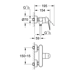 GROHE Eurodisc Cosmopolitan 單槍淋浴龍頭 33569｜原廠尺寸圖
