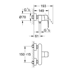 GROHE Eurostyle Cosmopolitan 單槍淋浴龍頭 33590｜原廠尺寸圖