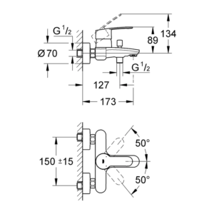 GROHE Eurostyle Cosmopolitan 單槍浴缸淋浴龍頭 33591｜原廠尺寸圖