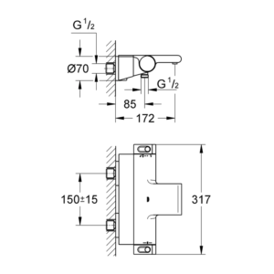 GROHE Grohtherm 2000 恆溫浴缸淋浴龍頭 34464｜原廠尺寸圖