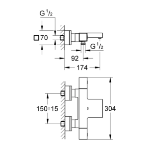 GROHE Grohtherm Cube 恆溫浴缸淋浴龍頭 34497｜原廠尺寸圖