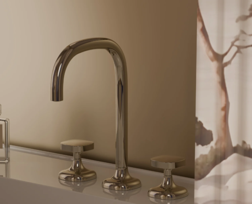 Dornbracht COYA 三孔面盆龍頭，兩支十字把手與中央出水管的壁上配置