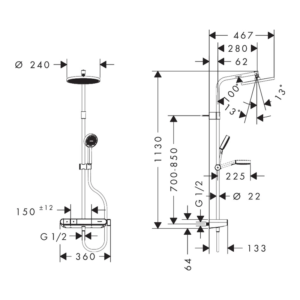 hansgrohe Activera S 恆溫淋浴柱 240 28639｜原廠尺寸圖