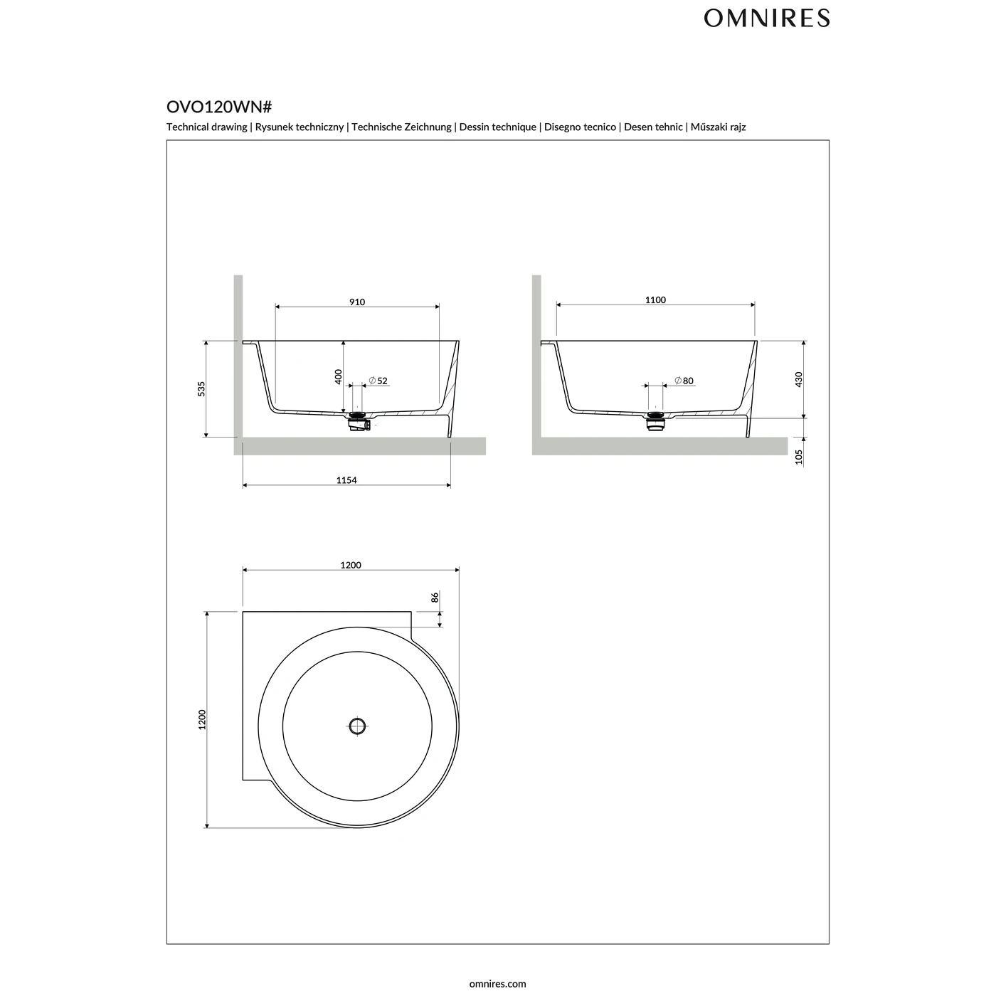 OMNIRES OVO M+ 圓形轉角浴缸 120 × 120 cm 原廠尺寸圖